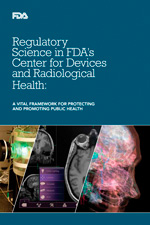 Thumbnail of the report's cover page, showing closeups of 3 instances of medical device innovation - laser testing in a lab, a mobile medical app, and 3D medical imaging.