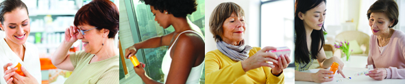 collage of women of different ages and ethnicities looking at medicine bottles or pills