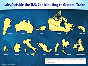 Map showing labs outside the U.S. contributing to the GenomeTrakr network.  The locations of individual labs are shown with a light blue circle.  There are 24 labs spread across 13 countries.