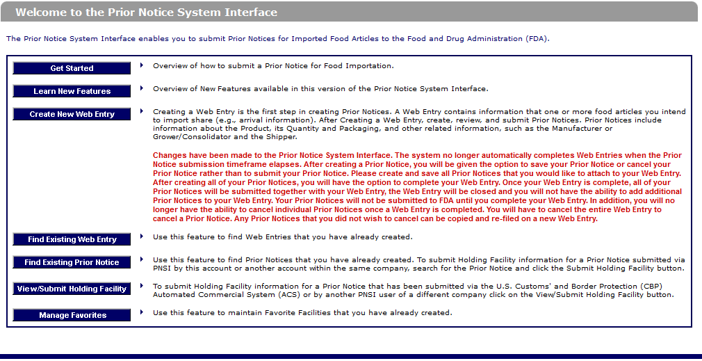 Accessing PNSI Instructions: Figure 3 Prior Notice Welcome