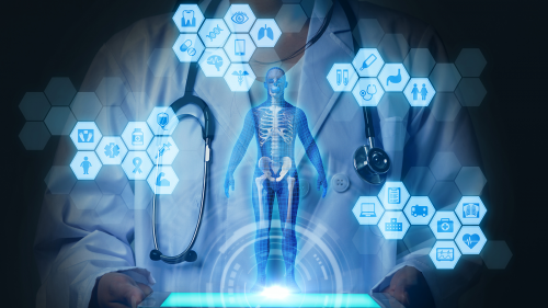 Abstract image of doctor in background, x-ray of human body in center foreground surrounded by medical icon graphics.