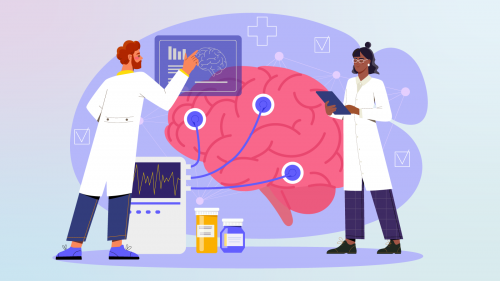 Illustration of male and female doctors infant of large brain wired to research equipment.