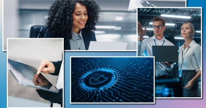 Photo collage: Top left, woman working on laptop in office. Lower left, woman working on tablet outside. Top right, man and woman working on laptop in data center. Lower right, digital graphic representing data security.