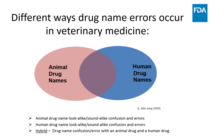 In the veterinary medication use process, there are several different ways drug name mix-up errors can occur.  As demonstrated in Figure 1, there may be confusion between two animal drug names, confusion between two human drug names, and/or confusion between an animal drug and human drug name.  Any of these scenarios could result in a medication error, as described in case examples 1, 2, and 3.