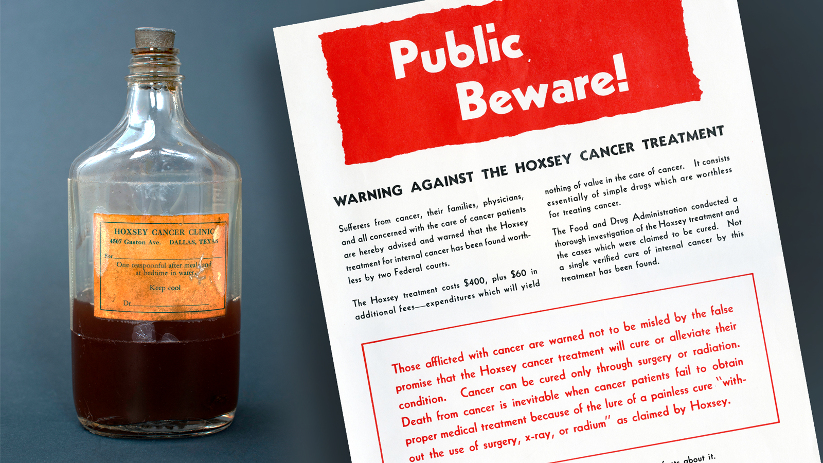 Hoxey Cancer Treatment fraudulent product and FDA warning poster.