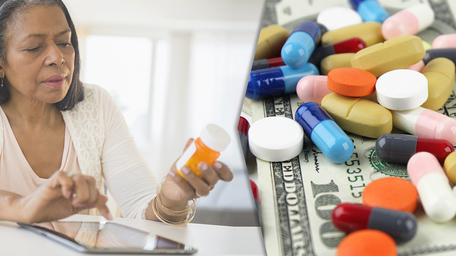 Photo of senior woman reading label on medicine bottle next to photo of multiple pills strewn out across a pile of money.