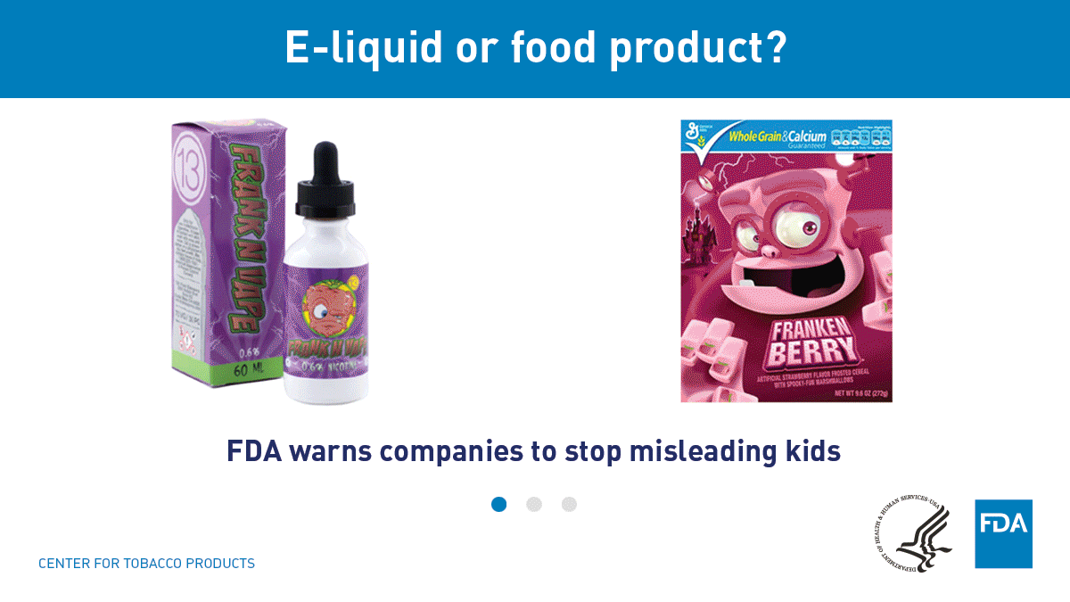 Animated GIF comparing various e-liquid products packaged to look like popular brands of foods and drinks for kids
