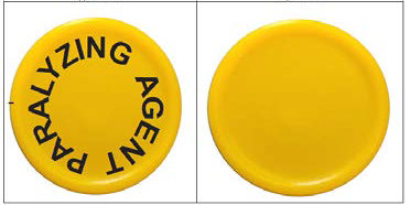 Example images of the approved cap (left) and temporary cap (right) for rocuronium bromide injection.