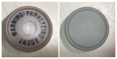 Example images of the approved cap (left) and temporary cap (right) for vecuronium bromide for injection.