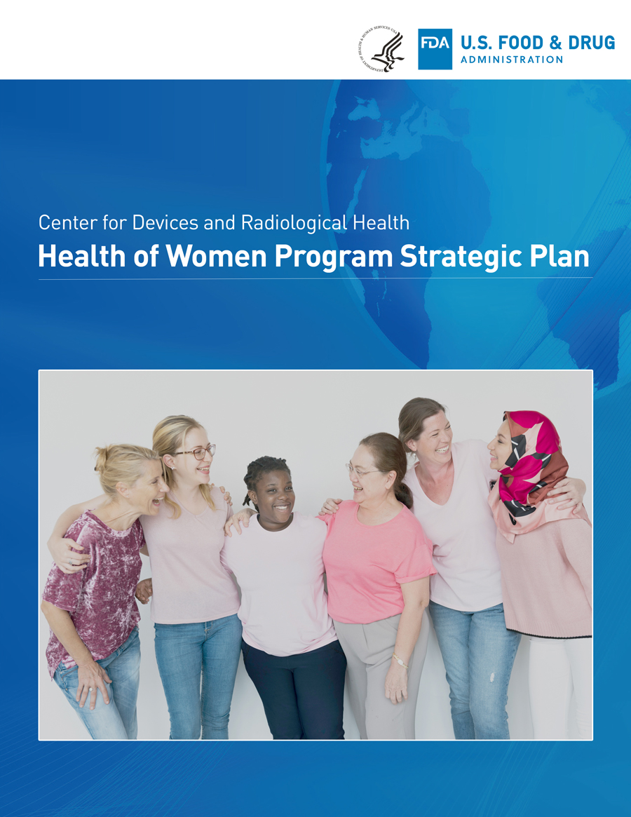 Health of Women Strategic Plan report cover showing a globe in a blue background and six women of various ages laughing and smiling together, with arms around each others shoulders.