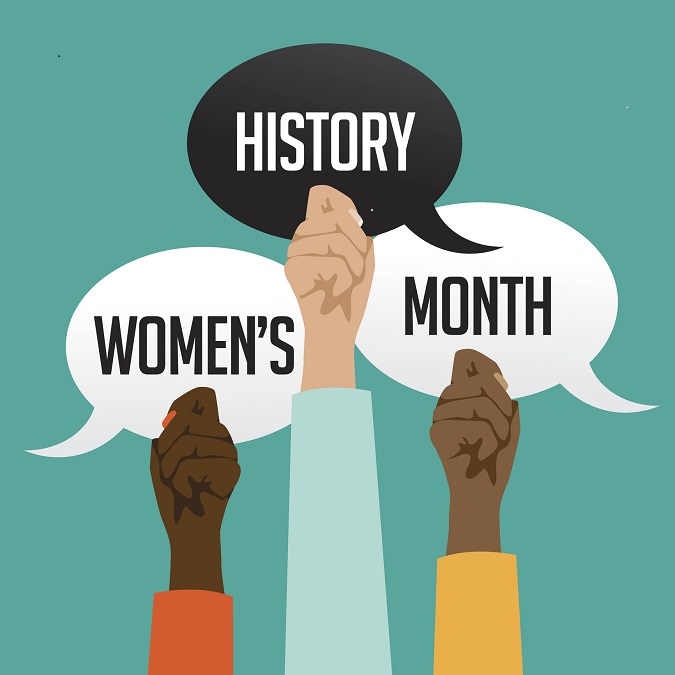 illustration of hands holding signs reading "Women's History Month"