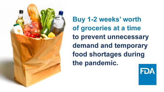 Grocery bag with text; Buy 1-2 weeks' worth of groceries at a time to prevent unnecessary demand and temporary food shortages during the pandemic.
