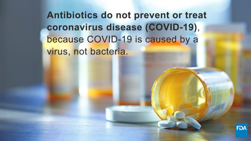 Image of medicine bottles with text; antibiotics do not prevent or treat coronavirus disease (COVID-19), because COVID-19 is caused by a virus, not bacteria.