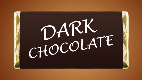 Dark chocolate candy bar with text that reads DARK CHOCOLATE on the wrapper