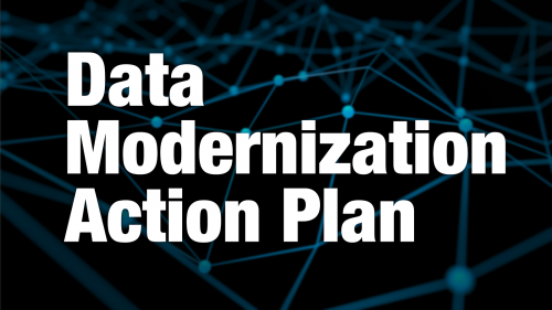 The words Data Modernization Action Plan in bold white type against a dark abstract background of dots connected by lines in space.