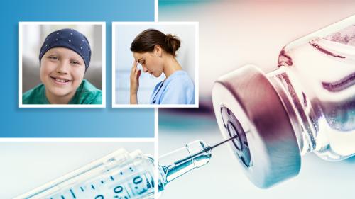 collage of three separate images including a smiling young cancer patient with a scarf around her head, a tired or concerned nurse leaning against a wall pressing her fingers to her forehead, and a closeup of a syringe drawing clear liquid from a vial
