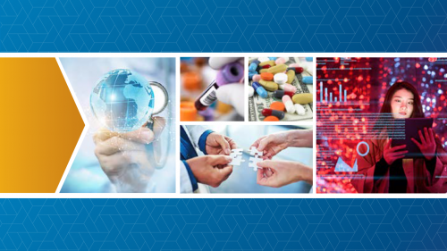 collage of photo illustrations including a physician holding a stethoscope up to a globe, a vial of blood, an assortment of pills on a $100 bill, hands of a man and woman assembling a jigsaw puzzle, a woman looking at a tablet with abstract images of data surrounding her