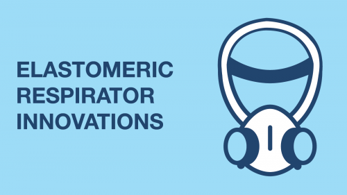 Illustration / vector image with a light blue background that depicts a respirator mask on the right,  and the words "ELASTOMERIC RESPIRATOR INNOVATIONS" on the left.