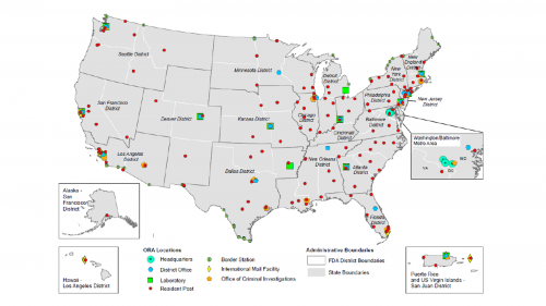 Map showing FDA offices across the country. Link to text alternative is below this image.