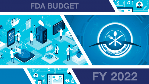 FDA Budget Fiscal Year 2022. Top image of data icons. Left image of people using computer and smart phones for data. Right image of New Era logo. Bottom image of data icons.