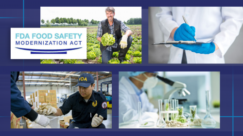 The Food Safety Modernization Act (FSMA) logo and four photos, including: a man smiling, while holding a head of lettuce and kneeling in a field of lettuce; closeup of person wearing lab coat and lab gloves while writing in a notebook; soybeans and beakers on a lab counter/bench and a scientist looking into a microscope; an FDA food safety inspector collecting food samples for testing from a food warehouse.