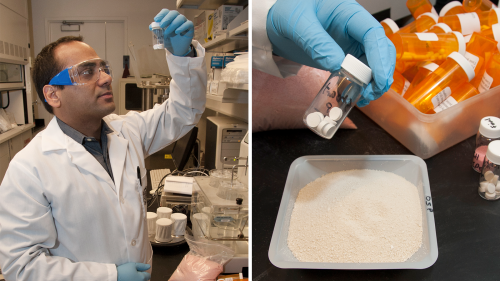 Un científico de la División de Investigaciones de la Calidad del Producto de la FDA evalúa los granos utilizados para el recubrimiento de un producto de liberación controlada. 