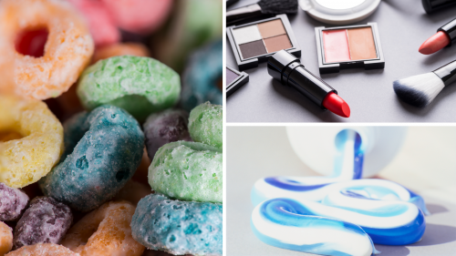 Collage that depicts colorful cereal, beauty cosmetics and toothpaste.