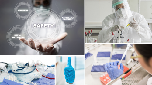 collage of scientists working in laboratories, personal protective equipment (PPE) and the words "safety, hygiene, protective equipment, social distancing" in floating circles