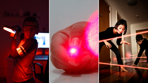 3 image collage for Laser toy safety. First image of child holding light saber toy. Second image of hand holding laser pointer. Third image of kids playing in hallway avoiding lasers reflecting off of walls.