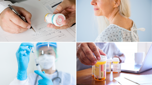 Collage of four photos showing a doctor's hands holding a prescription medicine bottle while signing a prescription, a senior female patient in a hospital gown, a medical worker drawing a drug from a vial with a syringe while wearing full PPE, and a senior male at home reading labels on multiple prescription drug bottles