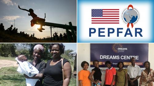Photo collage showing an African child playing on a seesaw, the PEPFAR logo, six adults in front of an AIDS prevention poster, and two smiling women with one holding an infant.