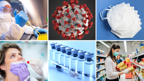 6 photos arranged in a grid: lab scientist waring full personal protection equipment using a pipet to prepare samples for testing; detailed realistic 3D computer generated illustration of the SARS-CoV-2 virus; face masks, a woman being tested for COVID-19 via nasal swab, a row of vaccine vials and a syringe, a woman waring a face mask reading the labels and holding bags of pasta in a grocery store