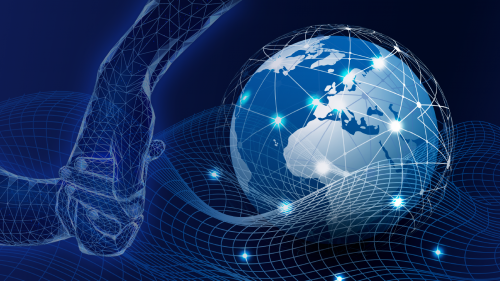 conceptual illustration featuring the outlines of two hands, one holding the other, and a globe connected by a wavy wireframe mesh element against a dark blue background