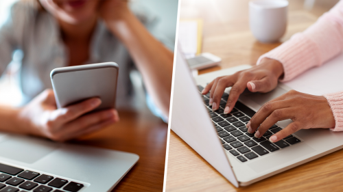 photo collage of woman's hands holding a mobile phone and another woman's hands typing on a laptop keyboard