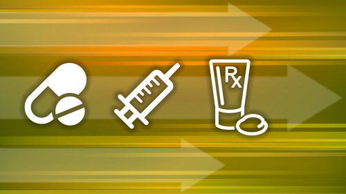 Icons of a pill, capsule, syringe and tube of prescription topical cream against an abstract background including three large semi-transparent arrows pointing to the right representing rapid progress.