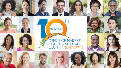 Collage of 22 portraits of diverse people with the FDA’s Office of Minority Health and Health Equity 10th Anniversary logo