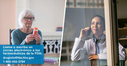 FDA Pharmacist image. Left image of senior adult woman reading prescription on bottle. Right image of pharmacist talking to patient on phone.