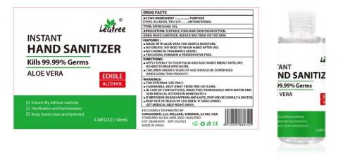 Labeling, Leafree Instant Hand Sanitizer, 3.38 fl oz