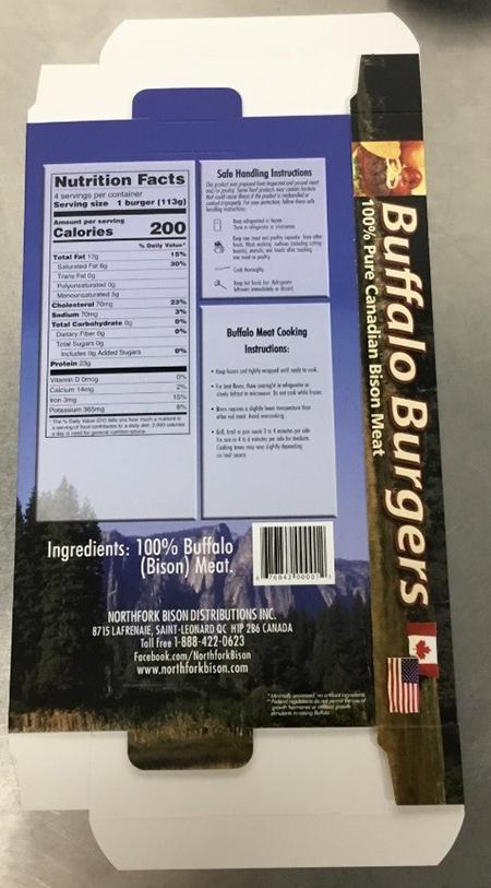 Back Product labeling Northfork Canadian Bison Ranch Buffalo Burgers Net Weight 16 oz (1 LB)