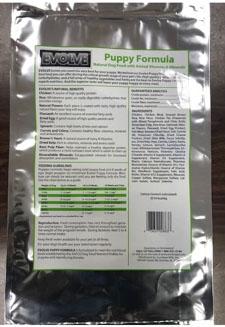 Back label EVOLVE Puppy Formula, 28 lb bag
