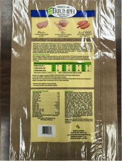 Back label TRIUMPH CHICKEN & RICE RECIPE, 16 lb bag