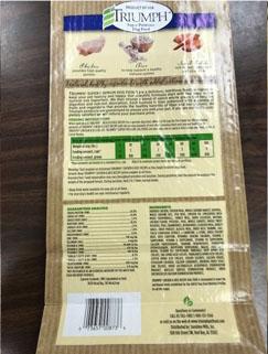 Back label TRIUMPH CHICKEN & RICE RECIPE, 3.5 lb bag