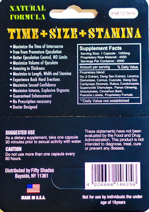 Fifty Shades, Back of package with Supplement Facts