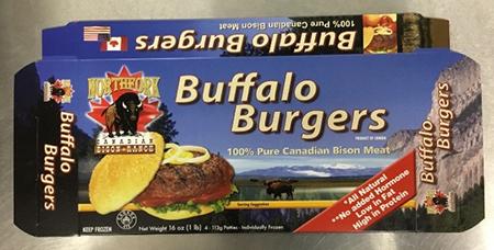 Front Product labeling Northfork Canadian Bison Ranch Buffalo Burgers Net Weight 16 oz (1 LB)
