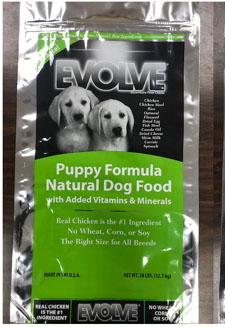 Front label EVOLVE Puppy Formula Natural Dog Food, 28 lb bag