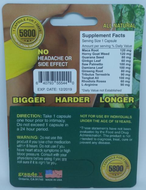 Grand X, Back of package with Supplement Facts