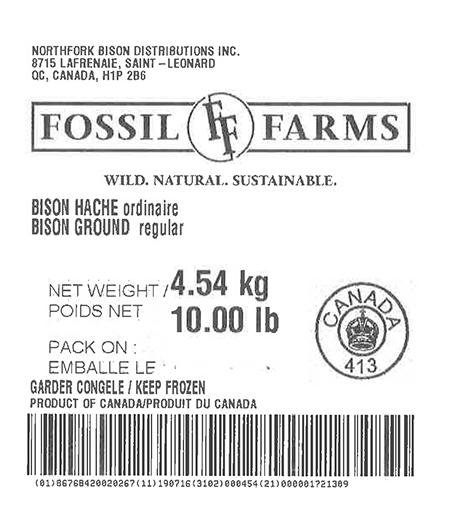 Product labeling Northfork Bison Distributions Inc. SayersBrook Bison Ranch Bison Burgers 8 oz COV, Net Weight 10 LB
