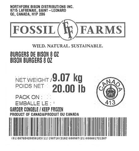 Product labeling Northfork Bison Distributions Inc. Fossil Farms Bison Burgers 8 oz, Net Weight 20 LB