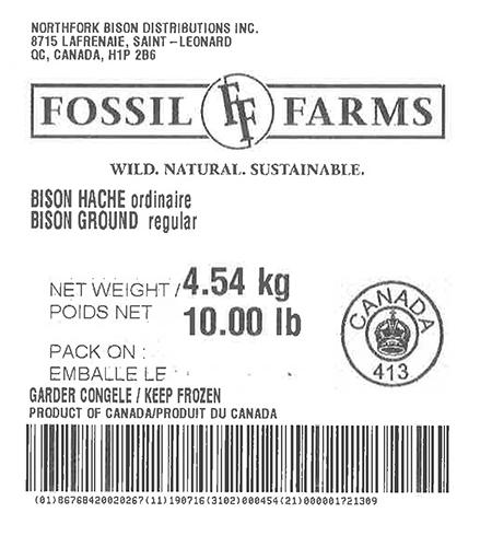 Product labeling Northfork Bison Distributions Inc. Fossil Farms Bison Ground regular, Net Weight 10 LB