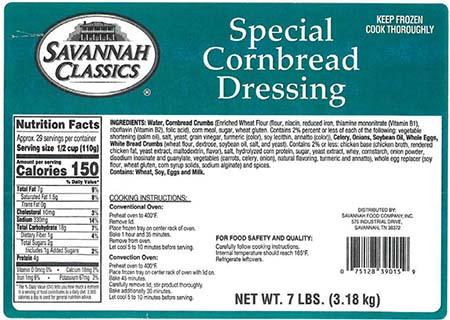 Product label, Savannah Classics Special Cornbread Dressing NET WT 7 LBS (3.18 kg)